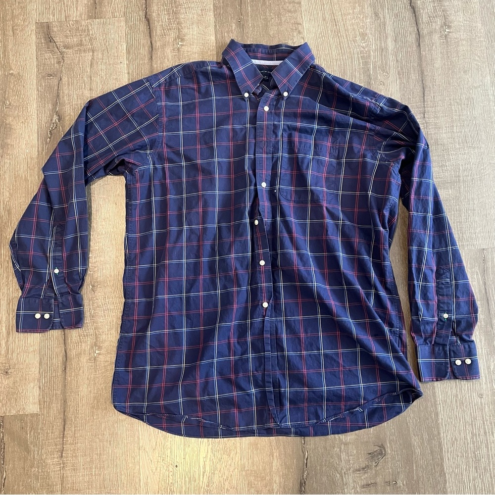 Tommy Hilfiger Mens Blue Plaid Long Sleeve Button Dress Shirt Size Large 16-1/2